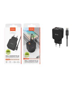 CARGADOR DE RED USB + TYPEC + CABLE TYPE A LIGHTNING IPHONE 8-14 25W TA0334 NEGRO