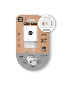 CARGADOR PARED TECHONETECH 25W 2 PUERTOS USB-C + USB-A BLANCO