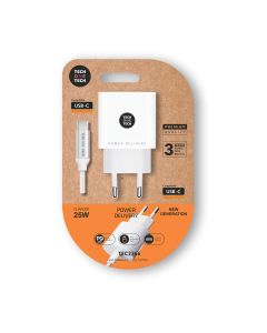 CARGADOR PARED TECHONETECH 25W USB-C + CABLE USB-C BLANCO