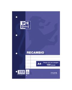 RECAMBIO BLOC OXFORD 4 TALADROS A4 90G 100H PAUTA 3,5