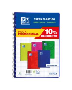 BLOC OXFORD POLIPROPILENO FOLIO 90G 80H 4X4 COLORES VIVOS PAQUETE 5UD
