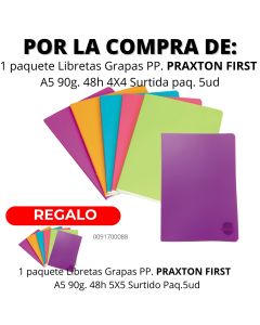 LIBRETA GRAPAS PRAXTON FIRST POLIPROPILENO A5 90G 48H 4X4 SURTIDA PAQUETE 5UD
