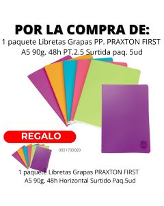 LIBRETA GRAPAS PRAXTON FIRST POLIPROPILENO A5 90G 48H PAUTA 2,5 SURTIDA PAQUETE 5UD