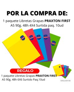 LIBRETA GRAPAS PRAXTON FIRST A5 90G 48H 4X4 SURTIDA PAQUETE 10UD