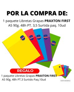 LIBRETA GRAPAS PRAXTON FIRST A5 90G 48H PAUTA 3,5 SURTIDA PAQUETE 10UD