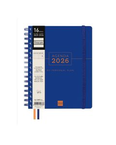 AGENDA 16 MESES FINOCAM POLIPROPILENO ESPIRAL TEMPUS AZUL CON GOMA 217X155 SEMANA VISTA