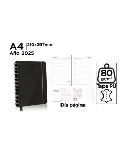 AGENDA CERVANTES POLIPIEL ESPIRAL OFICINA PB25-40 CON GOMA A4 DIA PAGINA NEGRA