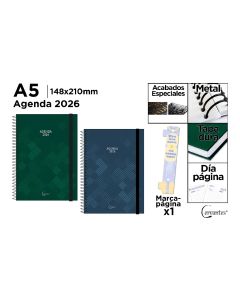 AGENDA CERVANTES TAPA DURA ESPIRAL STYLE PB26-16 CON GOMA A5 DIA PAGINA