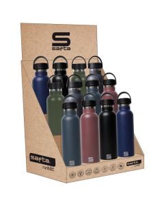 BOTELLA SAFTA TERMICA ACERO INOXIDABLE COLORES OSCUROS 600ML EXPOSITOR 12UD