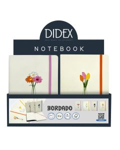 CUADERNO DIDEX TAPA DURA BORDADO CON GOMA 21X15CM 80G 192H PUNTEADO EXPOSITOR 12UD