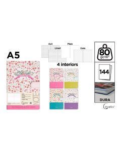 CUADERNO CERVANTES TAPA DURA FLORES CON BROCHE A5 80G 144H HORIZONTAL