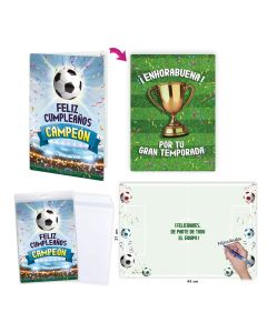POSTAL FELICITACION GLOBOLANDIA FELIZ CUMPLEAÑOS FUTBOL 31X22CM