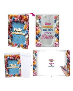 POSTAL FELICITACION GLOBOLANDIA FELIZ CUMPLEAÑOS MERENGUE 31X22CM