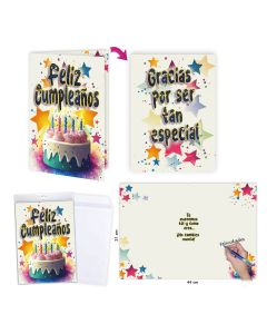 POSTAL FELICITACION GLOBOLANDIA FELIZ CUMPLEAÑOS ESTRELLAS 31X22CM