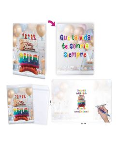 POSTAL FELICITACION GLOBOLANDIA FELIZ CUMPLEAÑOS TARTA 31X22CM